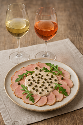 Vitello Tonnato met glazen witte wijn en rosé