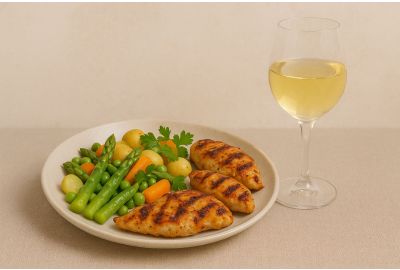 Wolftrap White met gemarineerde kip van de BBQ en voorjaarsgroenten