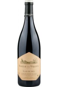 Château du Trignon Plan de Dieu, robijnrode wijn uit Plan de Dieu, Rhône, Frankrijk met aroma's van kersen, drop en tapenade en een stevige smaak met tonen van blauwe bessen.