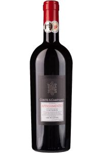 Conte di Campiano Appassimento, vol en rijk, met smaken van gedroogde vruchten en kruiden, Apulië, Italië, rode wijn