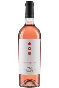 Fles Luccarelli Puglia Rosato 2025, frisse Italiaanse rosé uit Puglia met 12% alcohol en aroma’s van aardbei, framboos en rode bes.
