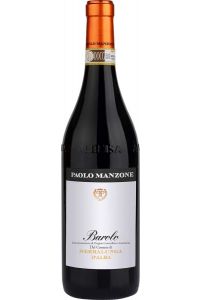 Fles Paolo Manzone Barolo Serralunga 2021 met diepe granaatrode kleur en aroma’s van kersen, rozen en specerijen.