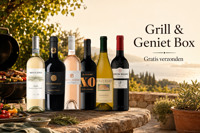 Grill & Geniet Box met 6 BBQ-wijnen, rood, wit en ros&eacute;, gratis verzonden